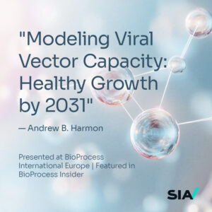 Modeling Viral Vector Capacity: Healthy Growth by 2031 Presented at BioProcess International Europe | Featured in BioProcess Insider Sia/LBG’s Andrew B. Harmon, a recognized subject matter expert providing strategic insights across the biopharmaceutical industry, recently presented a forward-looking model for the viral vector market at BioProcess International Europe in Hamburg, Germany. In his presentation, Mr. Harmon addressed the evolving manufacturing landscape for viral vectors and capacity planning challenges facing Contract Development and Manufacturing Organizations (CDMOs).